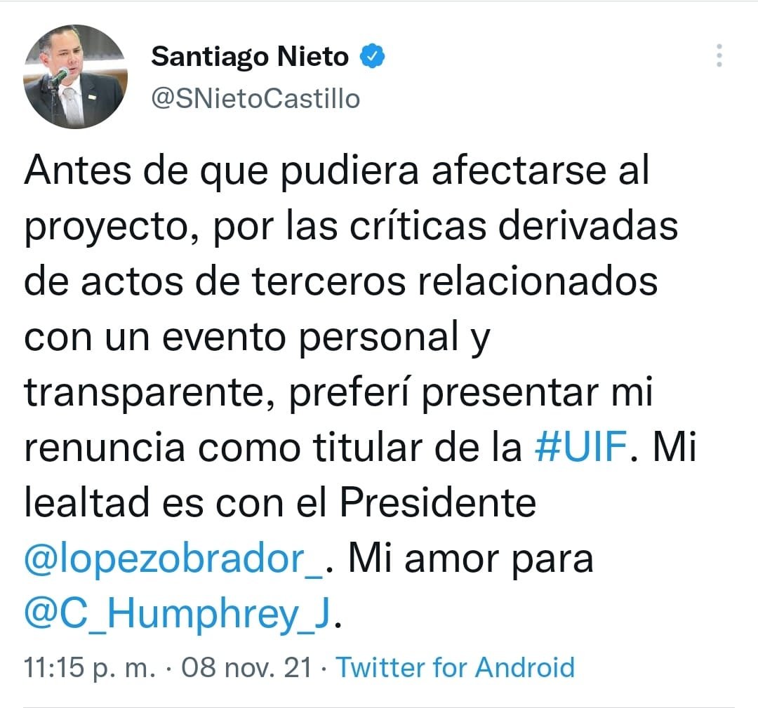 Imagen de la publicación de Santiago Nieto en Twitter