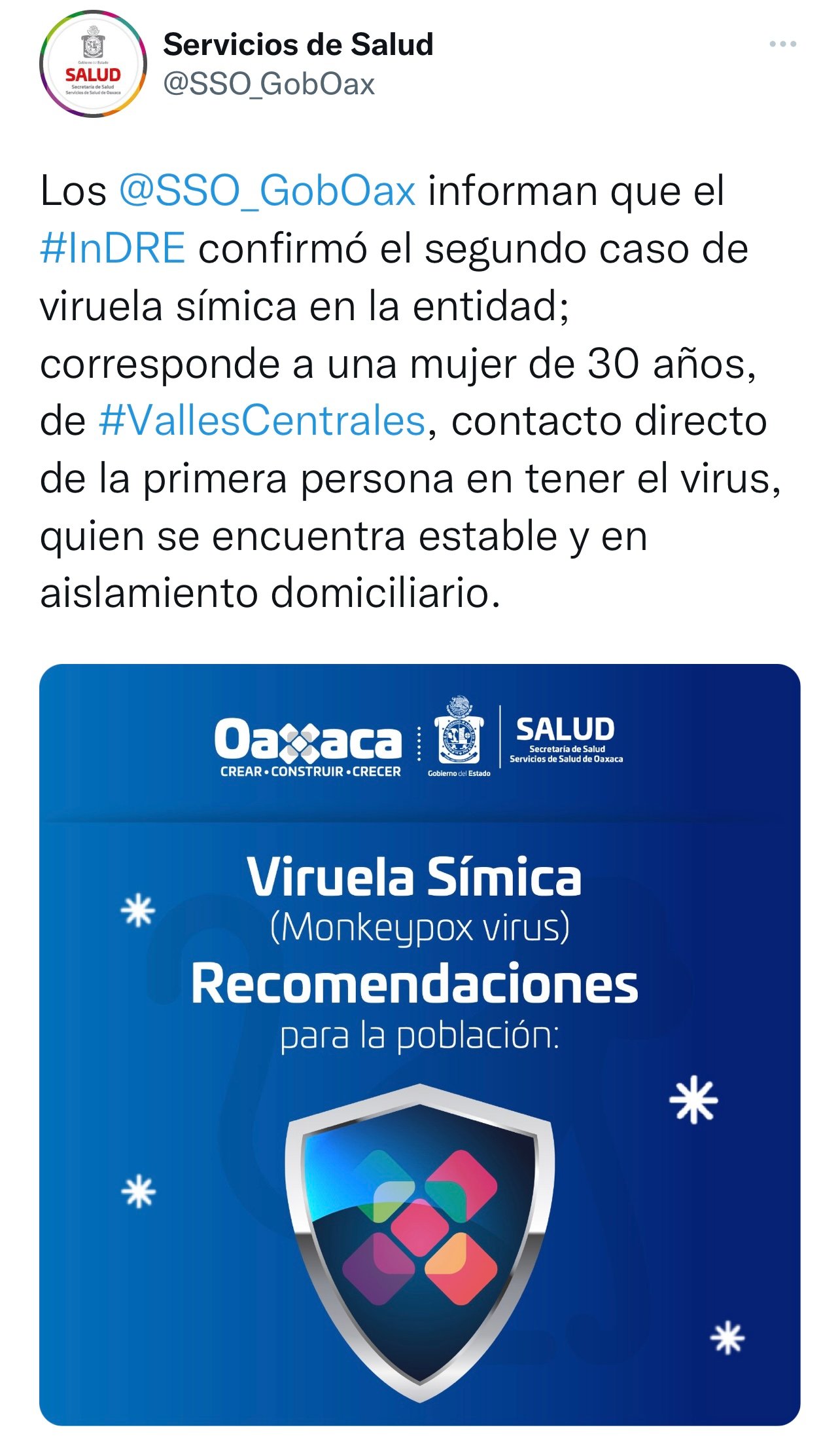 Publicación de los SSO en Twitter confirmando el segundo caso de virula símica | Foto: SSO 